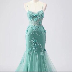 Aqua Floral Appliqué Mermaid Evening Dress